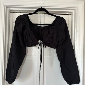 Black Ruched Long Sleeve Crop Blouse